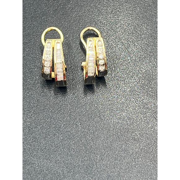 10K Yellow Gold 30 Diamonds Round  Baguette Channel Huggie Hoop Omega Earrings - Picture 10 of 12